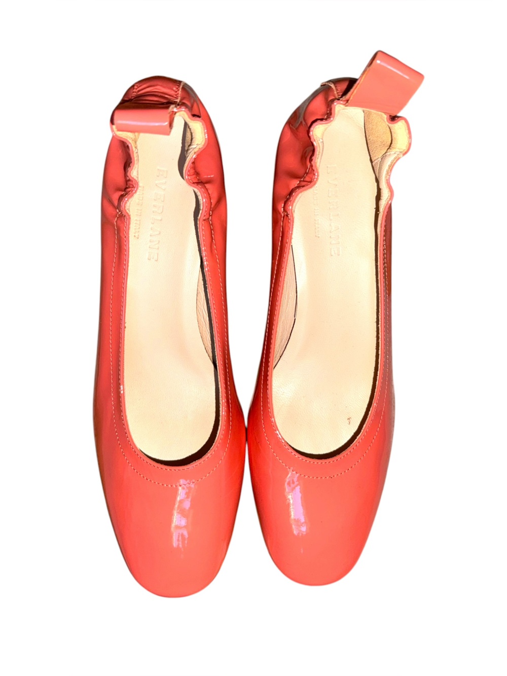 Everlane The Day Heel in Coral Patent Leather - Size 7